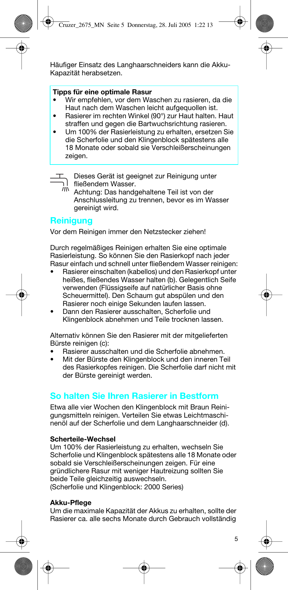 Reinigung, So halten sie ihren rasierer in bestform | Braun 2675 Cruzer User Manual | Page 5 / 47