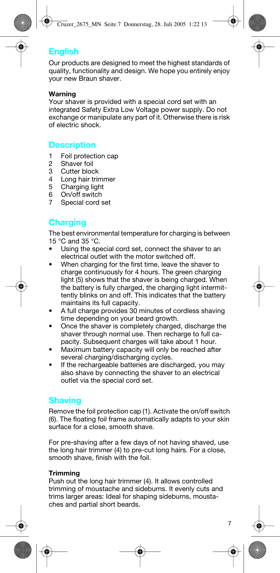English, Description, Charging | Shaving | Braun 2675 Cruzer User Manual | Page 7 / 47
