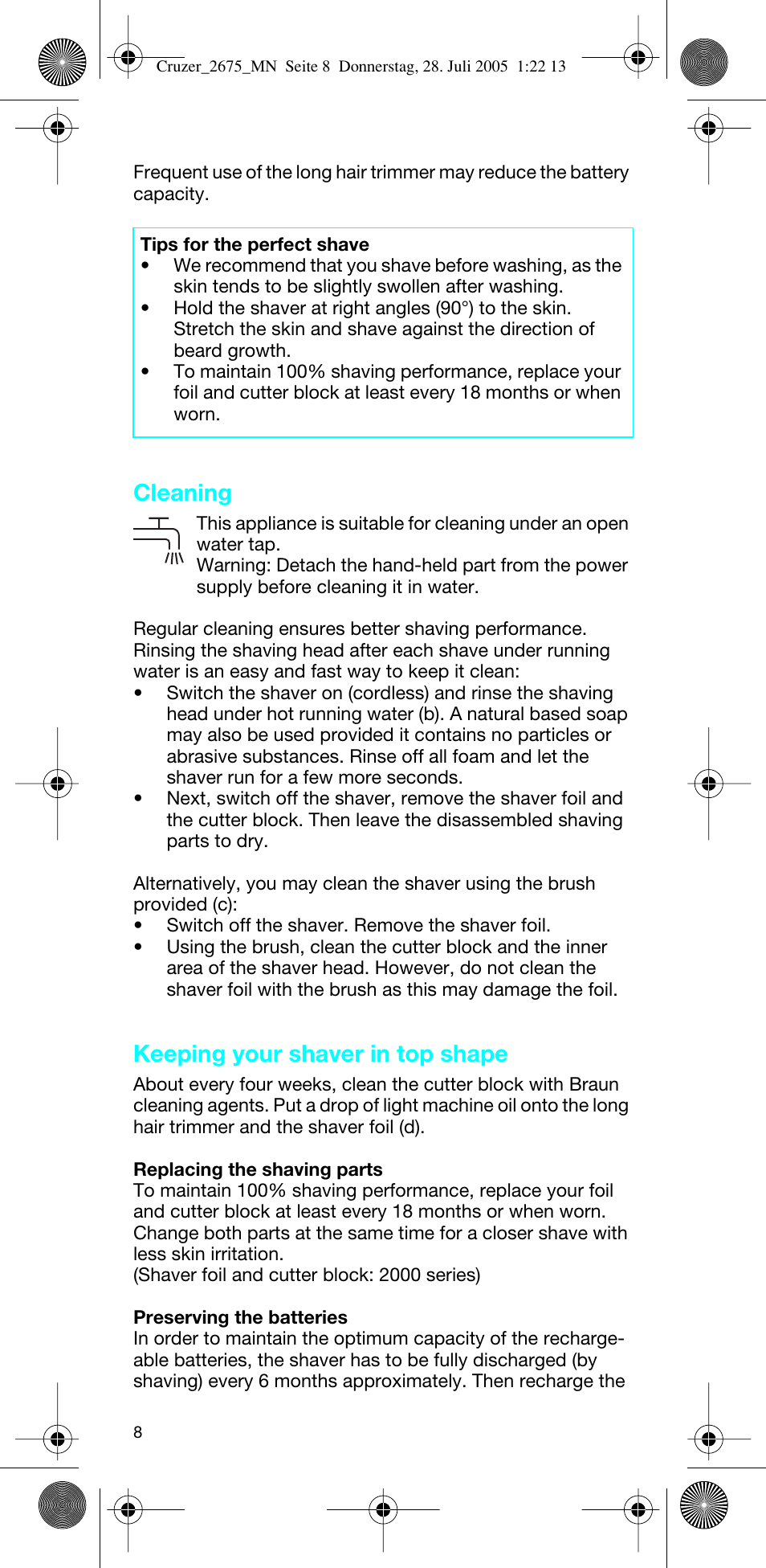 Cleaning, Keeping your shaver in top shape | Braun 2675 Cruzer User Manual | Page 8 / 47