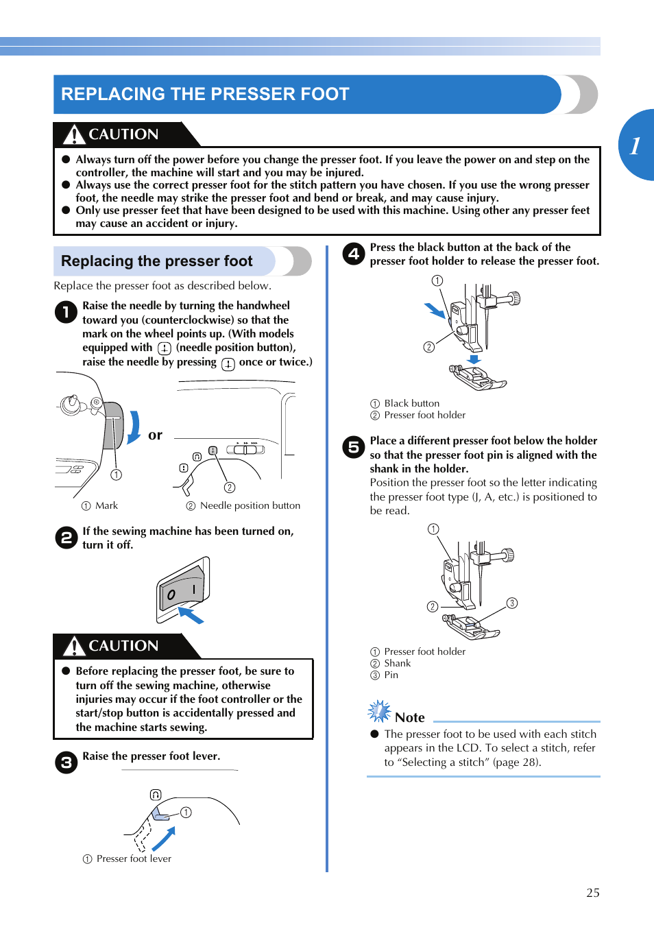 Replacing the presser foot, Caution, Or caution | Brother BX2925PRW User Manual | Page 27 / 80