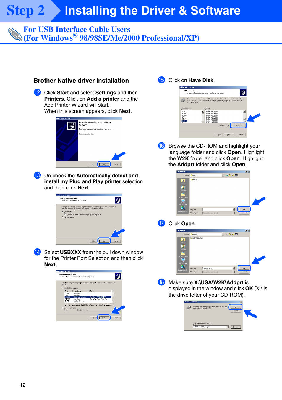 Step 2, Installing the driver & software, For usb interface cable users (for windows | Brother DCP-8045D User Manual | Page 15 / 48