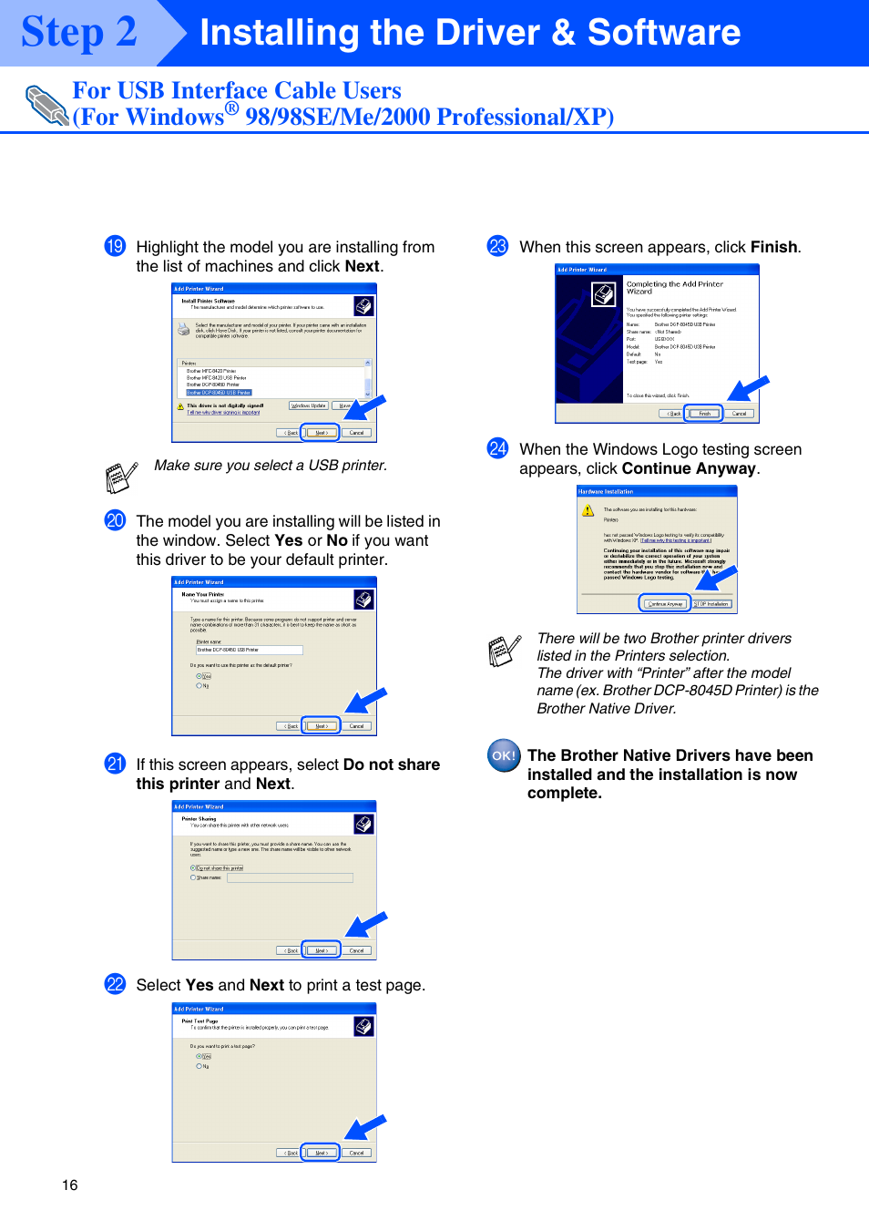 Step 2, Installing the driver & software, For usb interface cable users (for windows | Brother DCP-8045D User Manual | Page 19 / 48