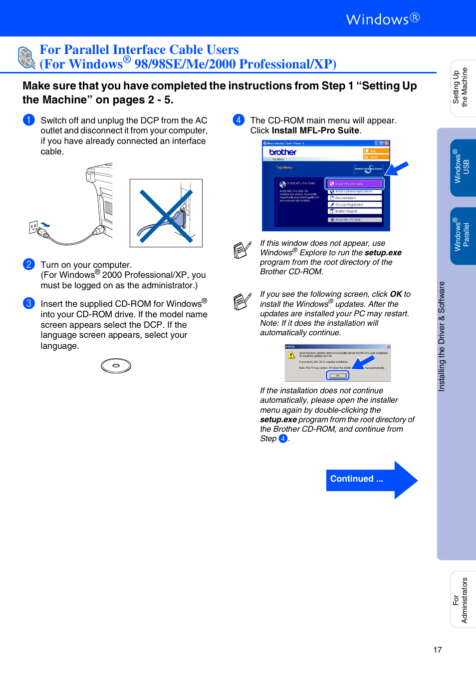 For parallel interface cable users (for windows, 98/98se/me/2000 professional/xp) | Brother DCP-8045D User Manual | Page 20 / 48