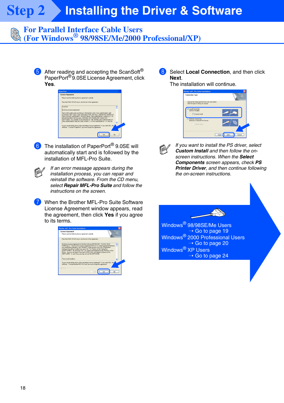 Step 2, Installing the driver & software, For parallel interface cable users (for windows | Brother DCP-8045D User Manual | Page 21 / 48