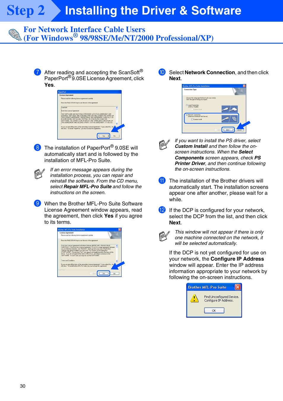 Step 2, Installing the driver & software, For network interface cable users (for windows | Brother DCP-8045D User Manual | Page 33 / 48