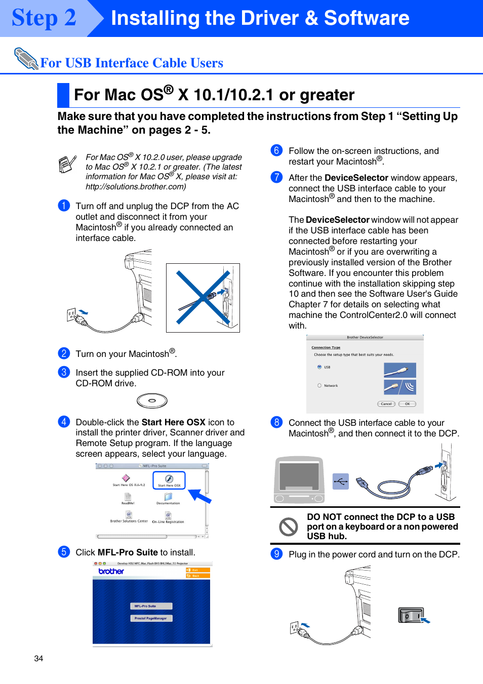 For mac os® x 10.1/10.2.1 or greater, For mac os, X 10.1/10.2.1 or greater | Step 2, Installing the driver & software, For usb interface cable users | Brother DCP-8045D User Manual | Page 37 / 48