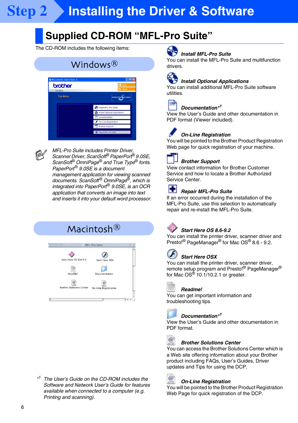 Step2 installing the driver & software, Supplied cd-rom “mfl-pro suite, Installing the driver & software | Step 2 | Brother DCP-8045D User Manual | Page 9 / 48