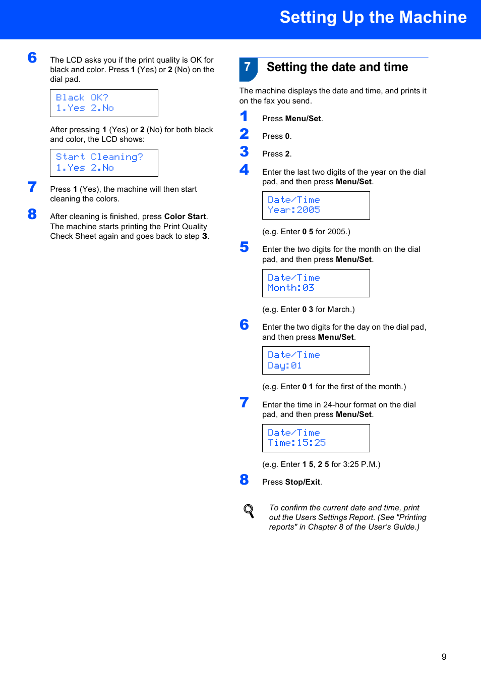 7 setting the date and time, Setting the date and time, Setting up the machine | 7setting the date and time | Brother MFC-640CW User Manual | Page 11 / 45