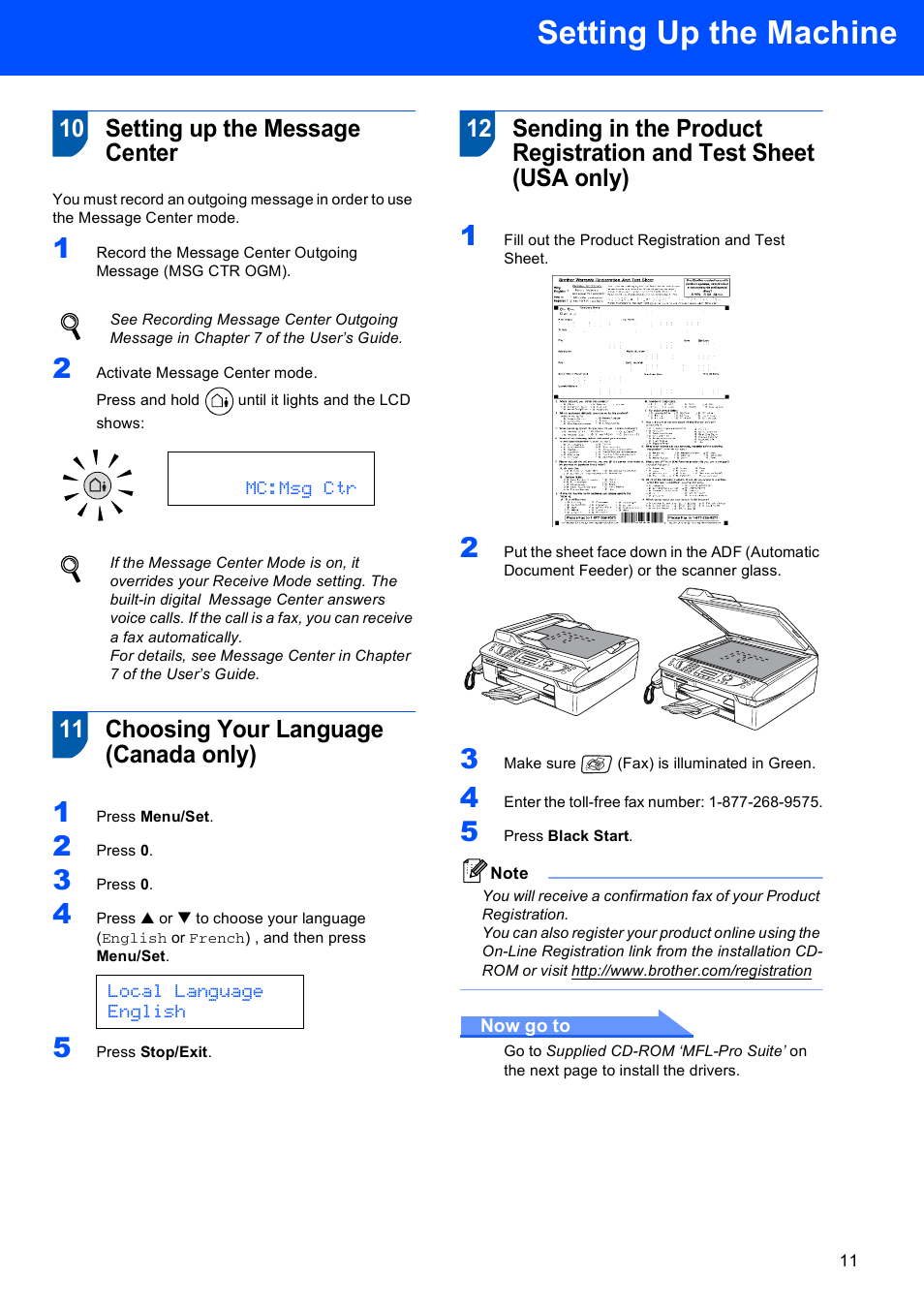 10 setting up the message center, 11 choosing your language (canada only), Setting up the machine | Brother MFC-640CW User Manual | Page 13 / 45