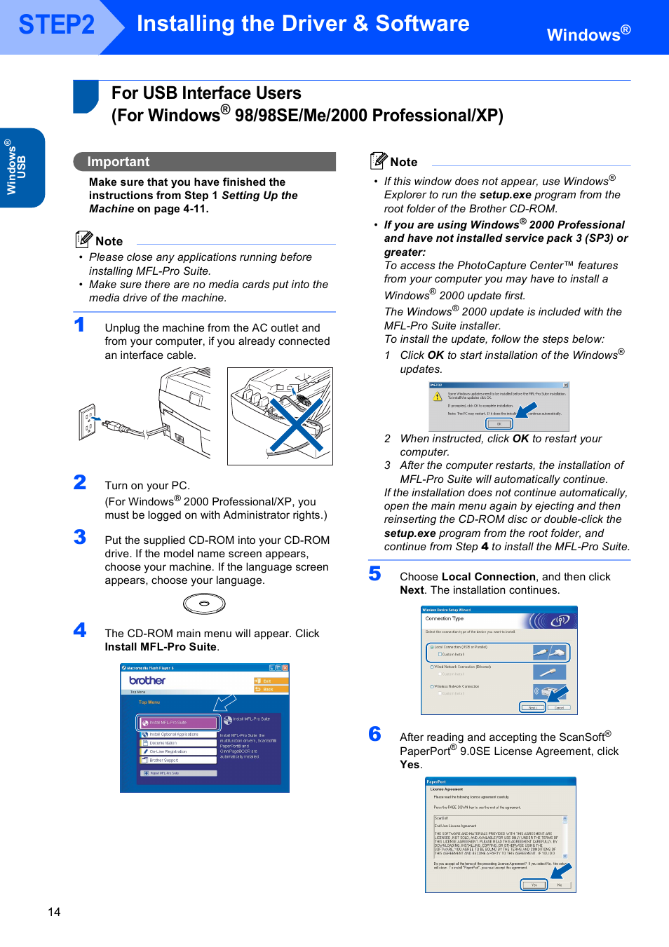 Windows, Step2, Installing the driver & software | For usb interface users (for windows, 98/98se/me/2000 professional/xp), For usb interface users, For windows, Important | Brother MFC-640CW User Manual | Page 16 / 45