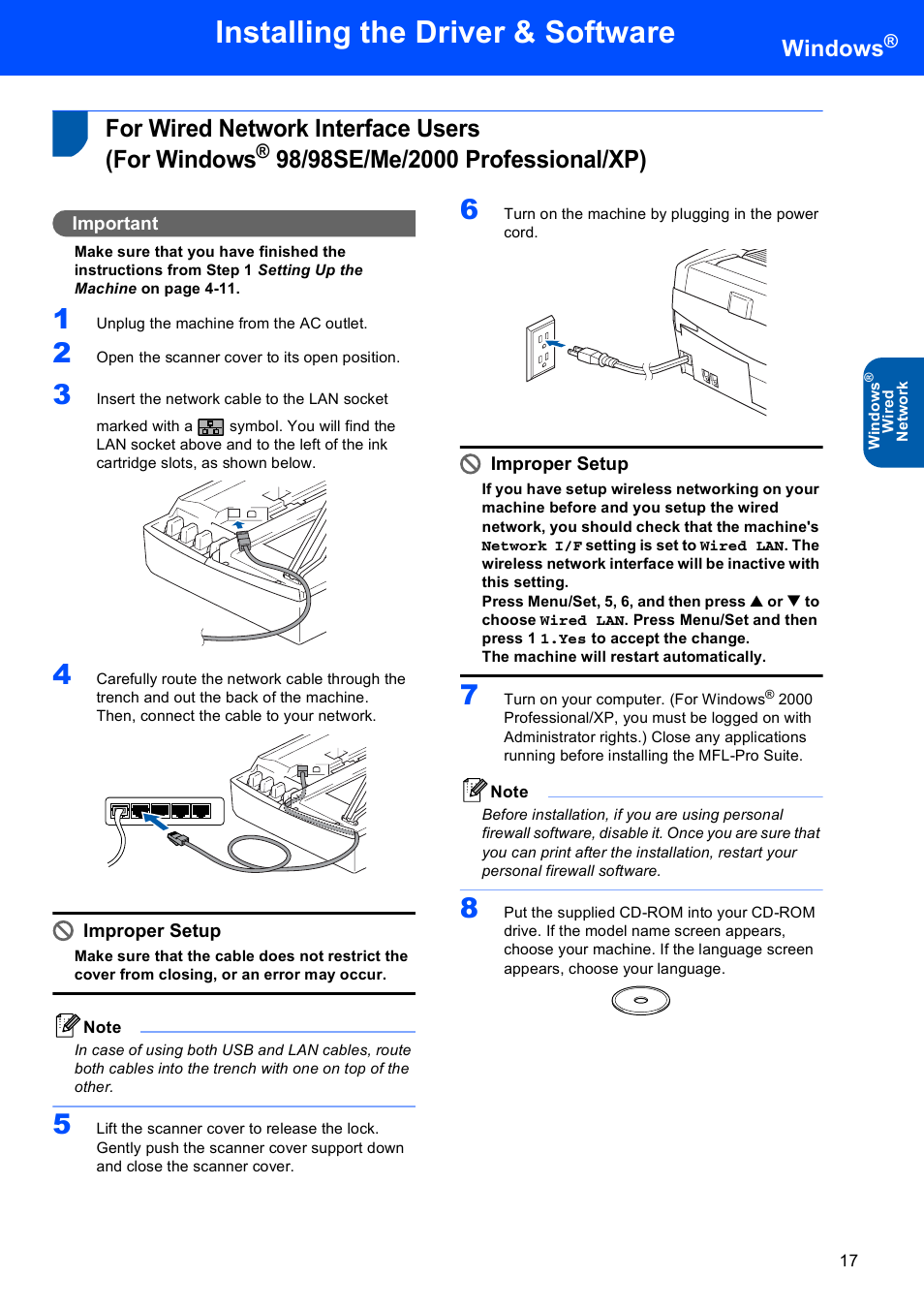 For wired network interface users (for windows, 98/98se/me/2000 professional/xp), For wired network interface users | For windows, Installing the driver & software, Windows | Brother MFC-640CW User Manual | Page 19 / 45