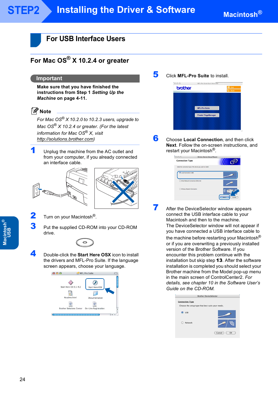 Macintosh, For usb interface users, For mac os® x 10.2.4 or greater | For mac os, X 10.2.4 or greater, Step2, Installing the driver & software | Brother MFC-640CW User Manual | Page 26 / 45