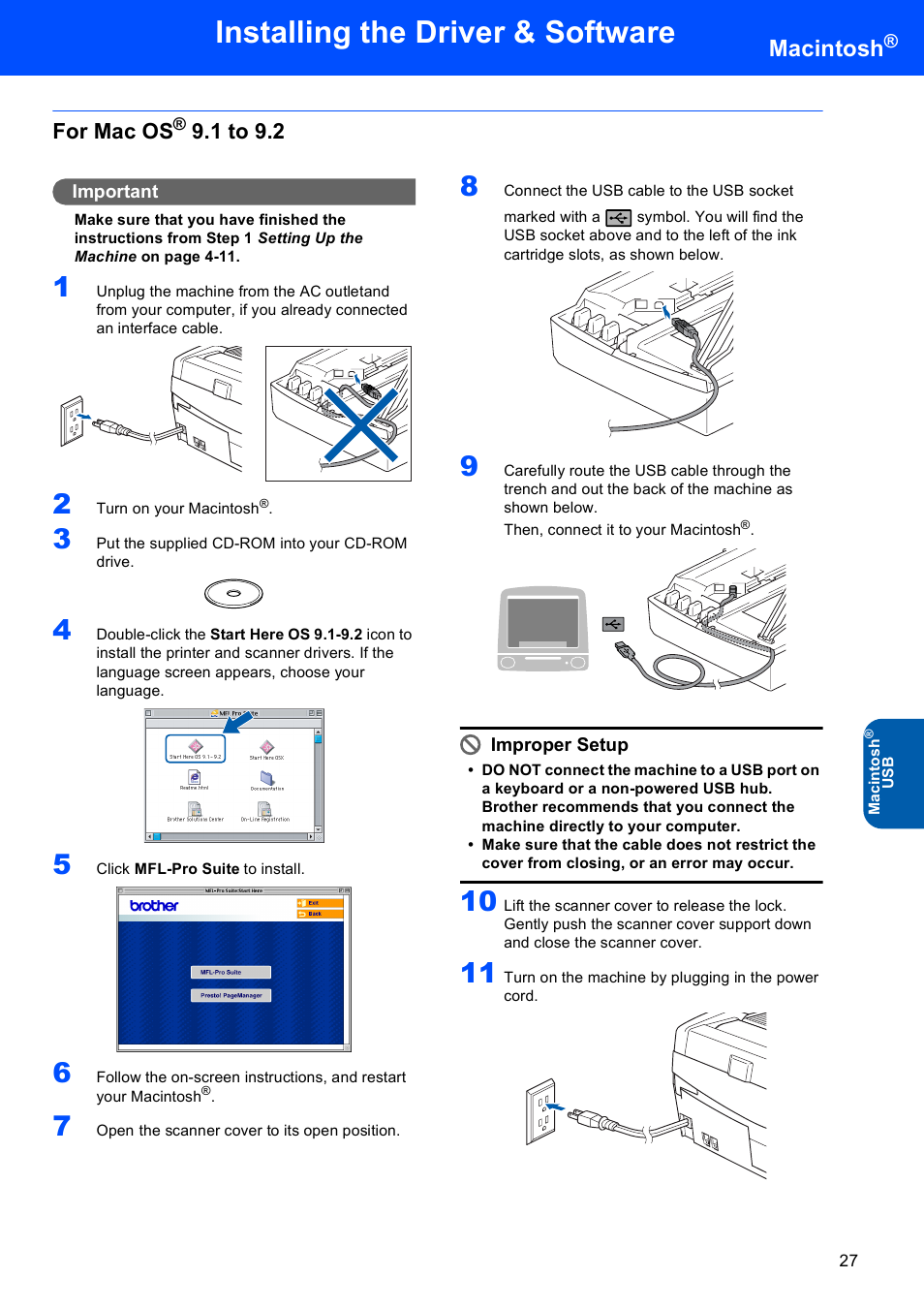 For mac os® 9.1 to 9.2, For mac os, 1 to 9.2 | Installing the driver & software, Macintosh | Brother MFC-640CW User Manual | Page 29 / 45