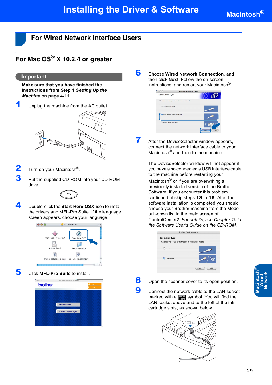 For wired network interface users, For mac os® x 10.2.4 or greater, For mac os | X 10.2.4 or greater, Installing the driver & software, Macintosh | Brother MFC-640CW User Manual | Page 31 / 45
