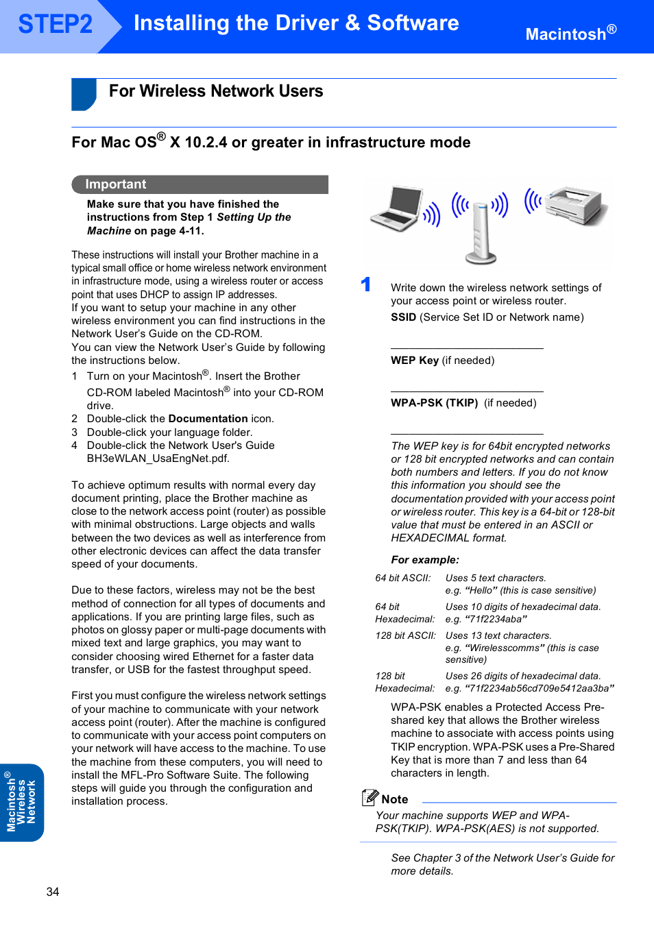 For wireless network users, For mac os, X 10.2.4 or greater in infrastructure mode | Step2, Installing the driver & software, Macintosh | Brother MFC-640CW User Manual | Page 36 / 45