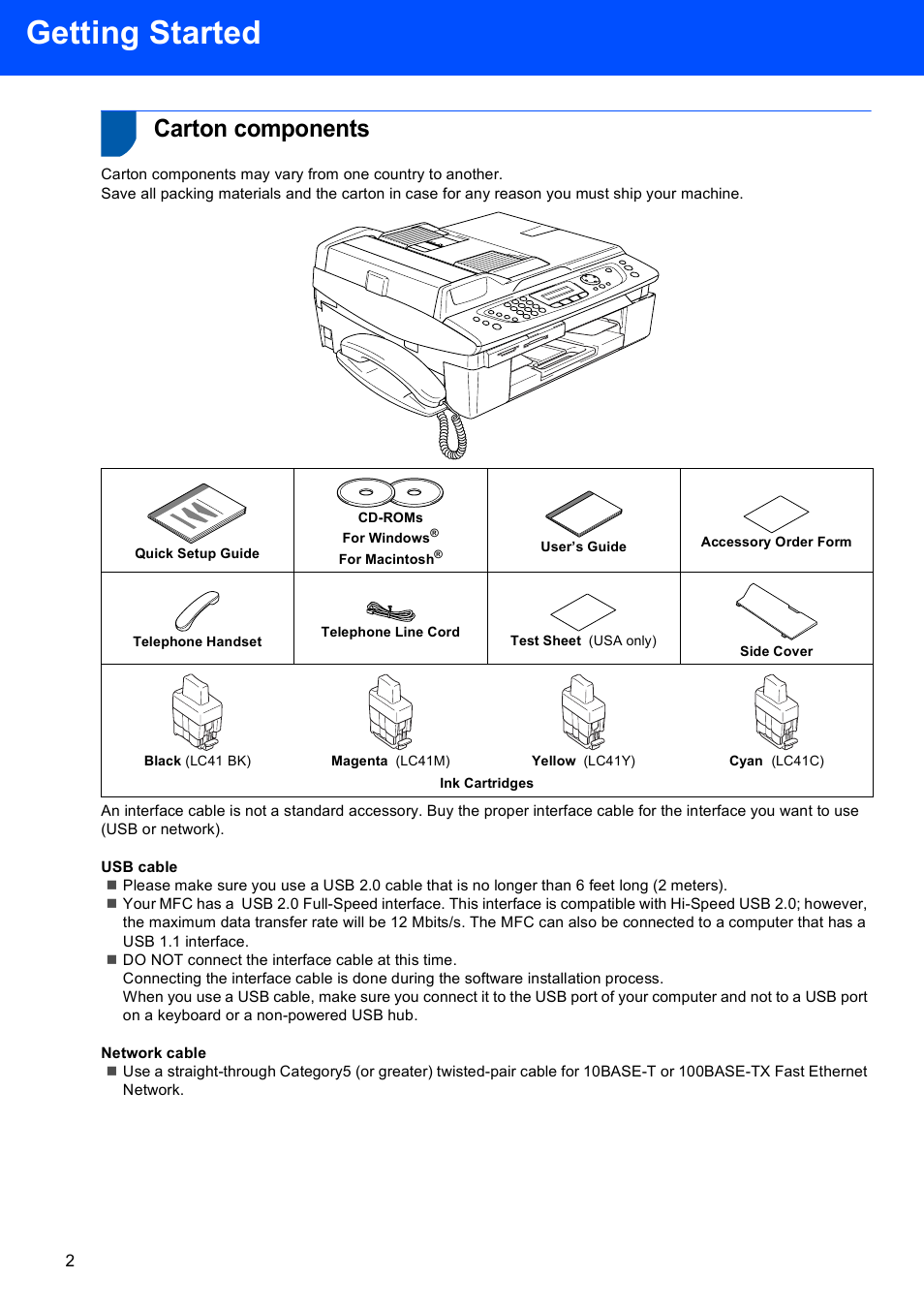 Getting started, Carton components | Brother MFC-640CW User Manual | Page 4 / 45