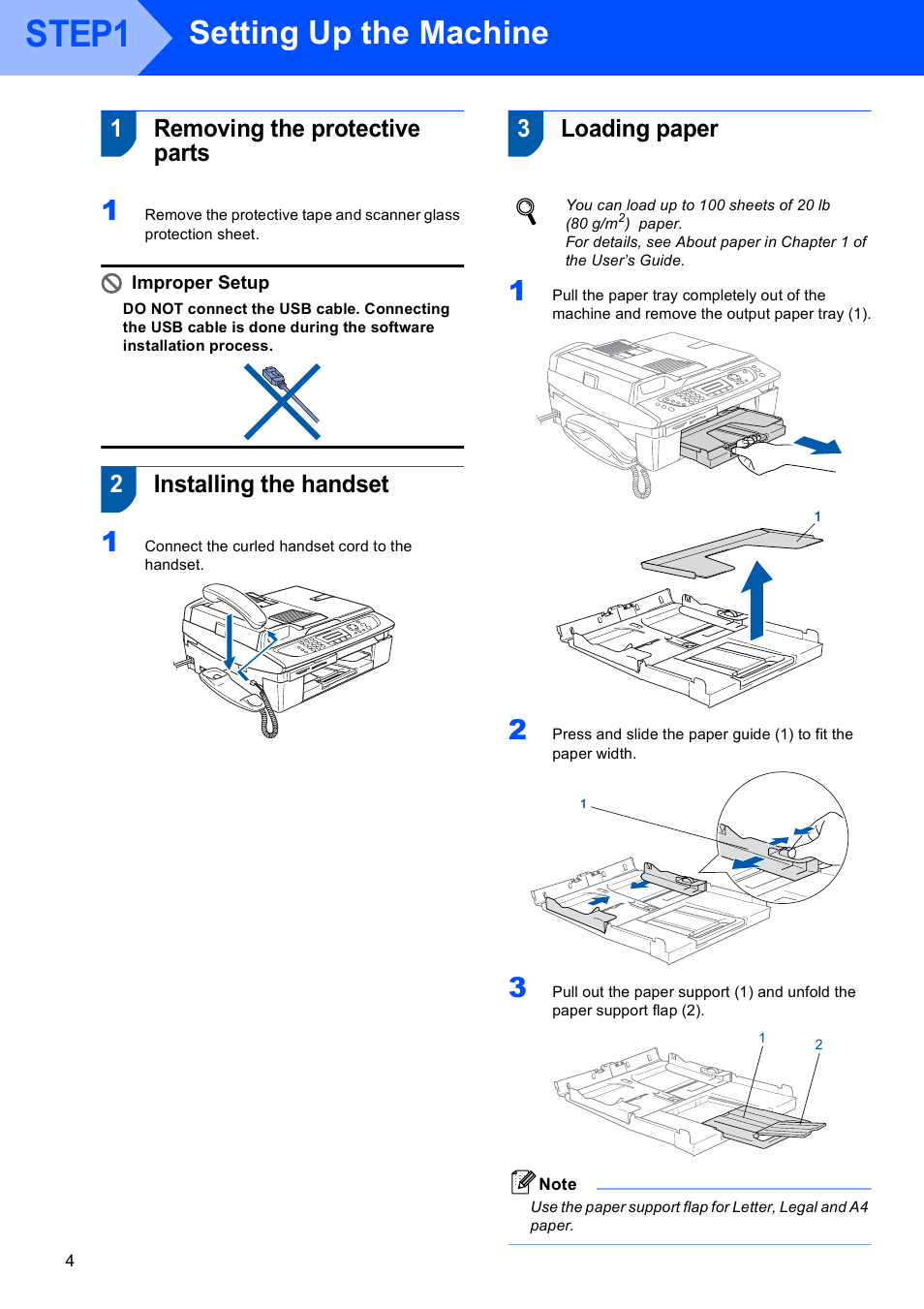 Step 1 setting up the machine, 1 removing the protective parts, 2 installing the handset | 3 loading paper, Step1, Setting up the machine, 1removing the protective parts, 2installing the handset, 3loading paper, Improper setup | Brother MFC-640CW User Manual | Page 6 / 45