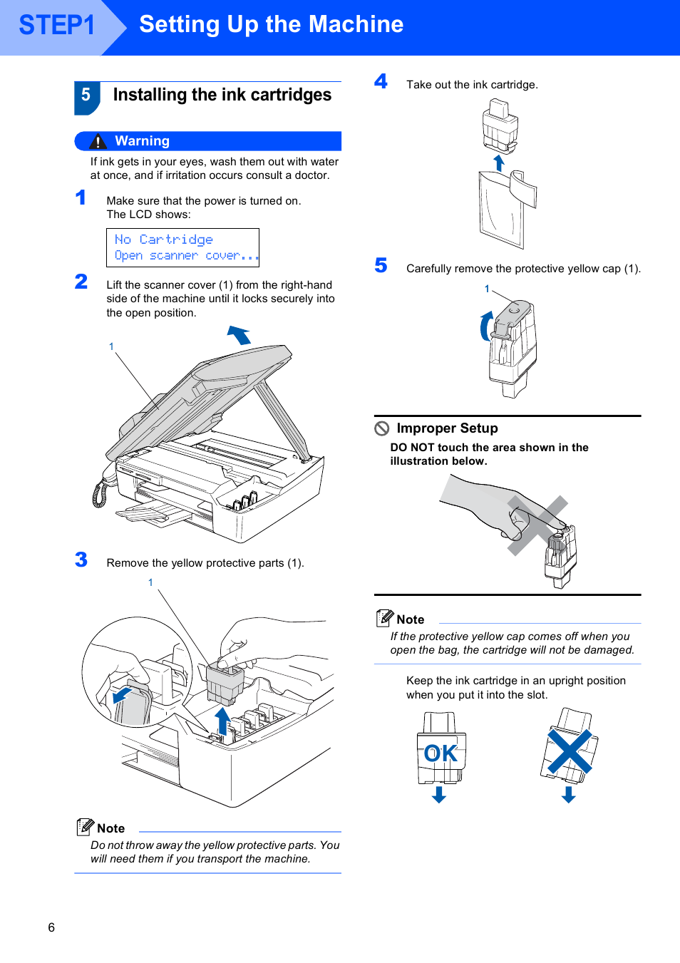 5 installing the ink cartridges, Installing the ink cartridges, Step1 | Setting up the machine, 5installing the ink cartridges, No cartridge open scanner cover | Brother MFC-640CW User Manual | Page 8 / 45