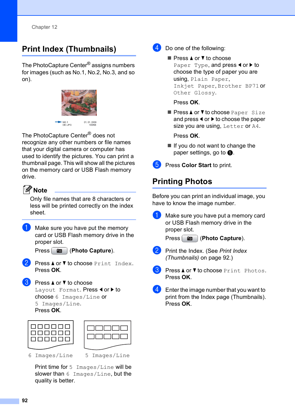 Print index (thumbnails), Printing photos, Print index (thumbnails) printing photos | Brother MFC-490CW User Manual | Page 108 / 216