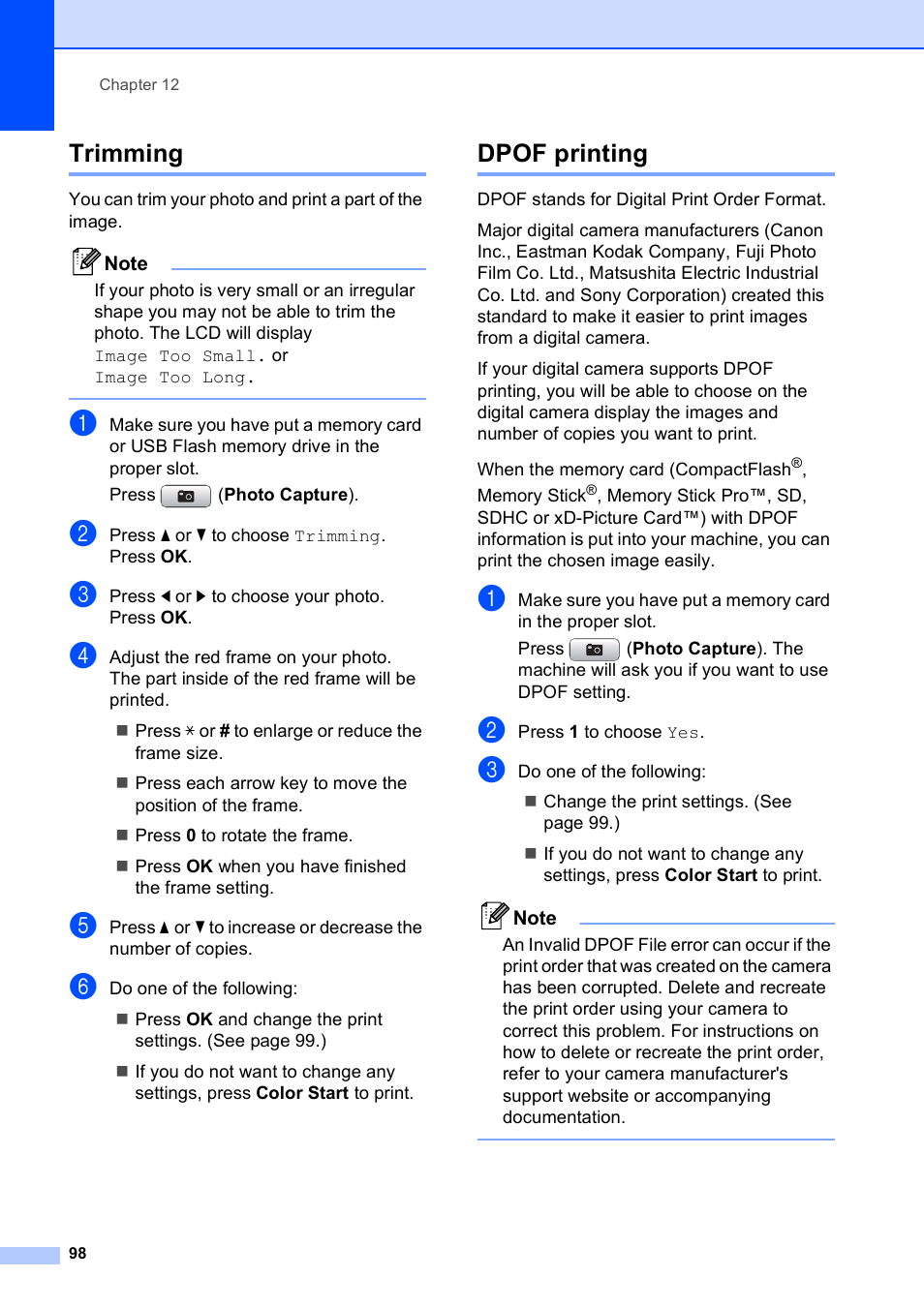 Trimming, Dpof printing, Trimming dpof printing | Brother MFC-490CW User Manual | Page 114 / 216