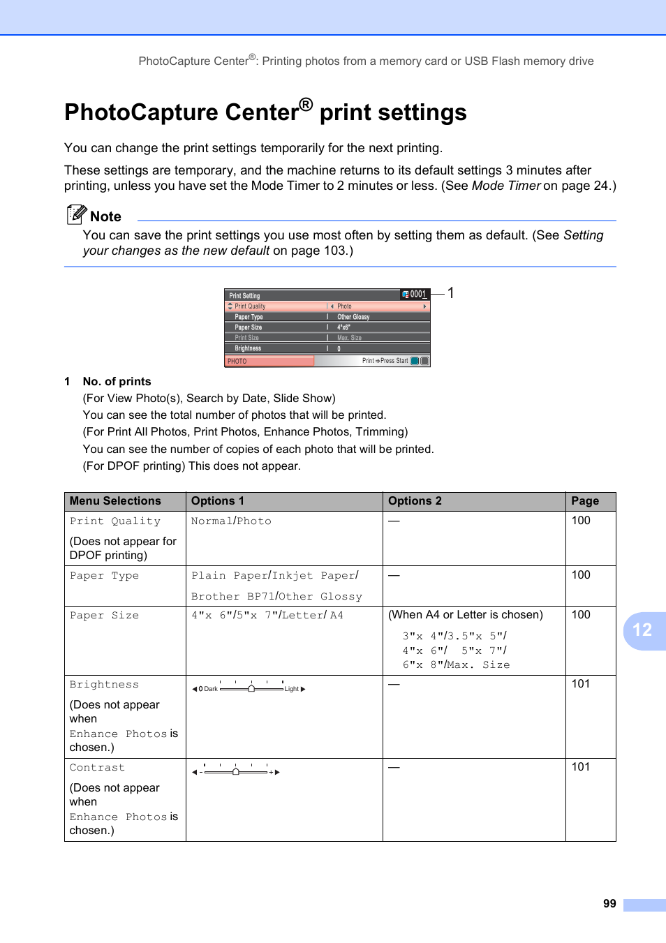 Photocapture center® print settings, Photocapture center, Print settings | Brother MFC-490CW User Manual | Page 115 / 216