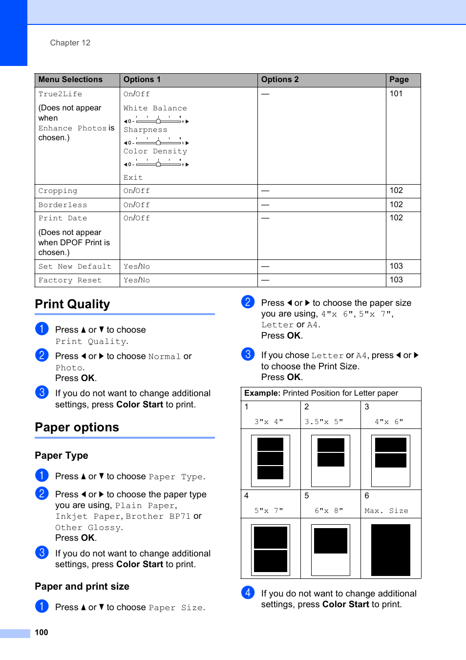 Print quality, Paper options, Paper type | Paper and print size, Print quality paper options | Brother MFC-490CW User Manual | Page 116 / 216