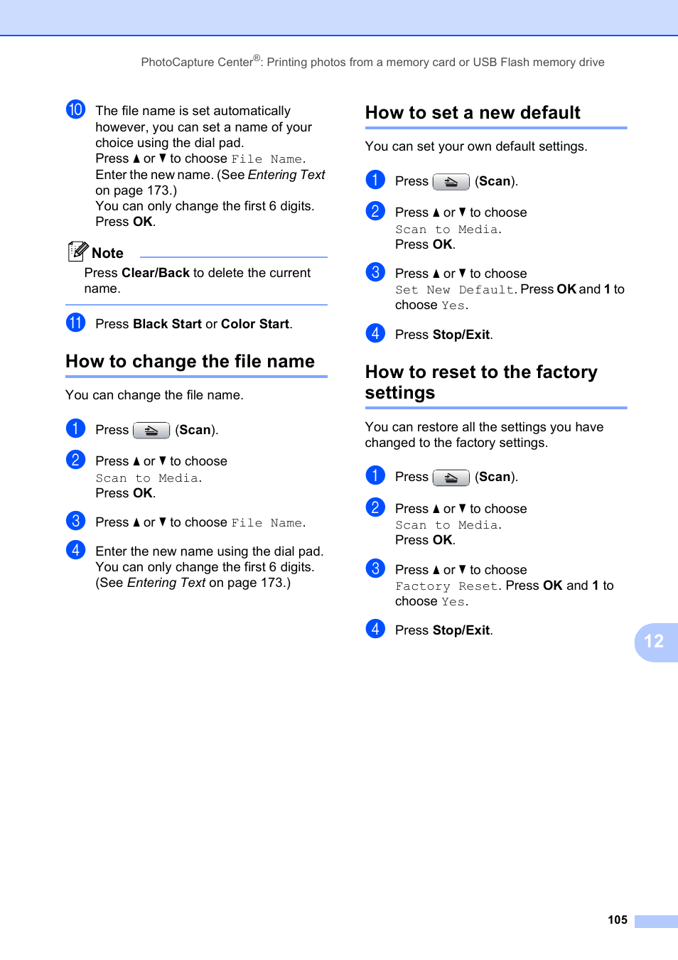 How to change the file name, How to set a new default, How to reset to the factory settings | Brother MFC-490CW User Manual | Page 121 / 216