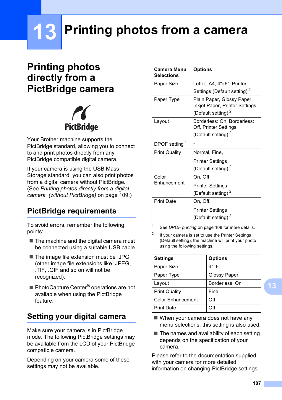 13 printing photos from a camera, Printing photos directly from a pictbridge camera, Pictbridge requirements | Setting your digital camera, Printing photos from a camera | Brother MFC-490CW User Manual | Page 123 / 216