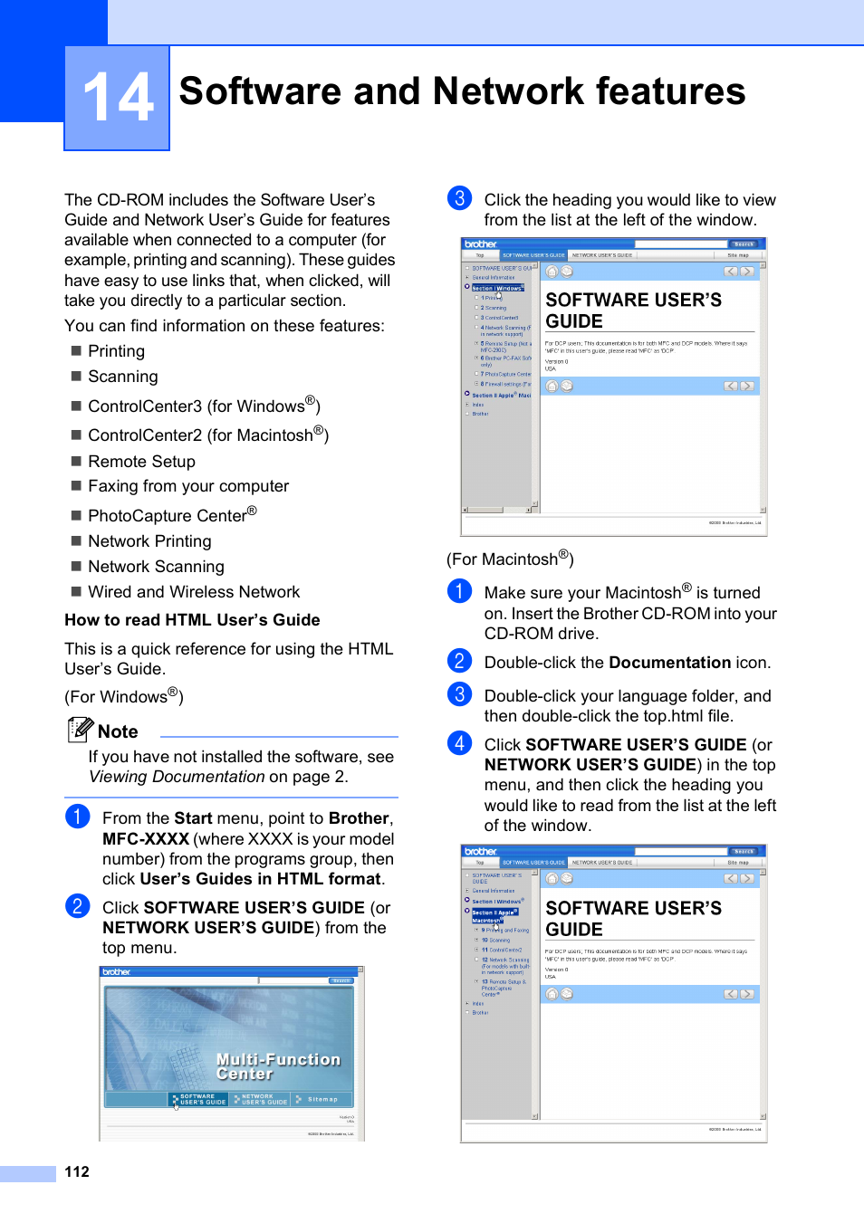 14 software and network features, Software and network features | Brother MFC-490CW User Manual | Page 128 / 216