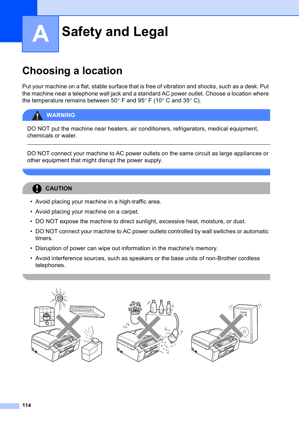 A safety and legal, Choosing a location, Safety and legal | Brother MFC-490CW User Manual | Page 130 / 216