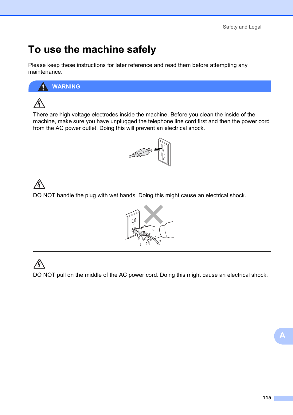 To use the machine safely, Safety and legal 115 | Brother MFC-490CW User Manual | Page 131 / 216
