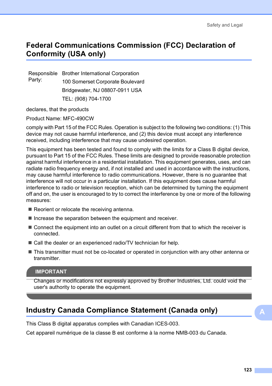 Industry canada compliance statement (canada only), Usa only) | Brother MFC-490CW User Manual | Page 139 / 216