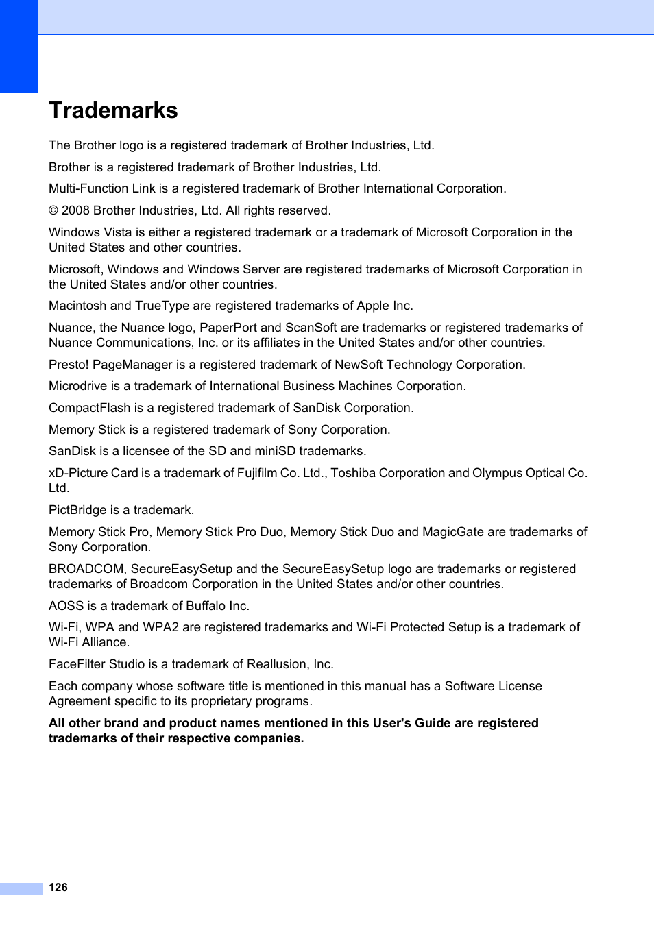 Trademarks | Brother MFC-490CW User Manual | Page 142 / 216