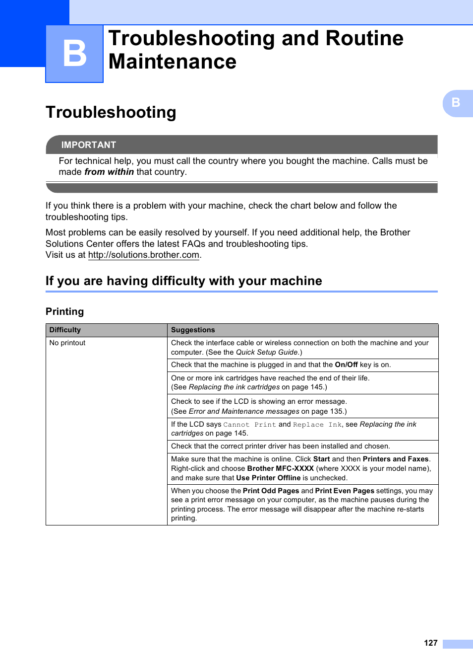 B troubleshooting and routine maintenance, Troubleshooting, If you are having difficulty with your machine | Troubleshooting and routine maintenance | Brother MFC-490CW User Manual | Page 143 / 216