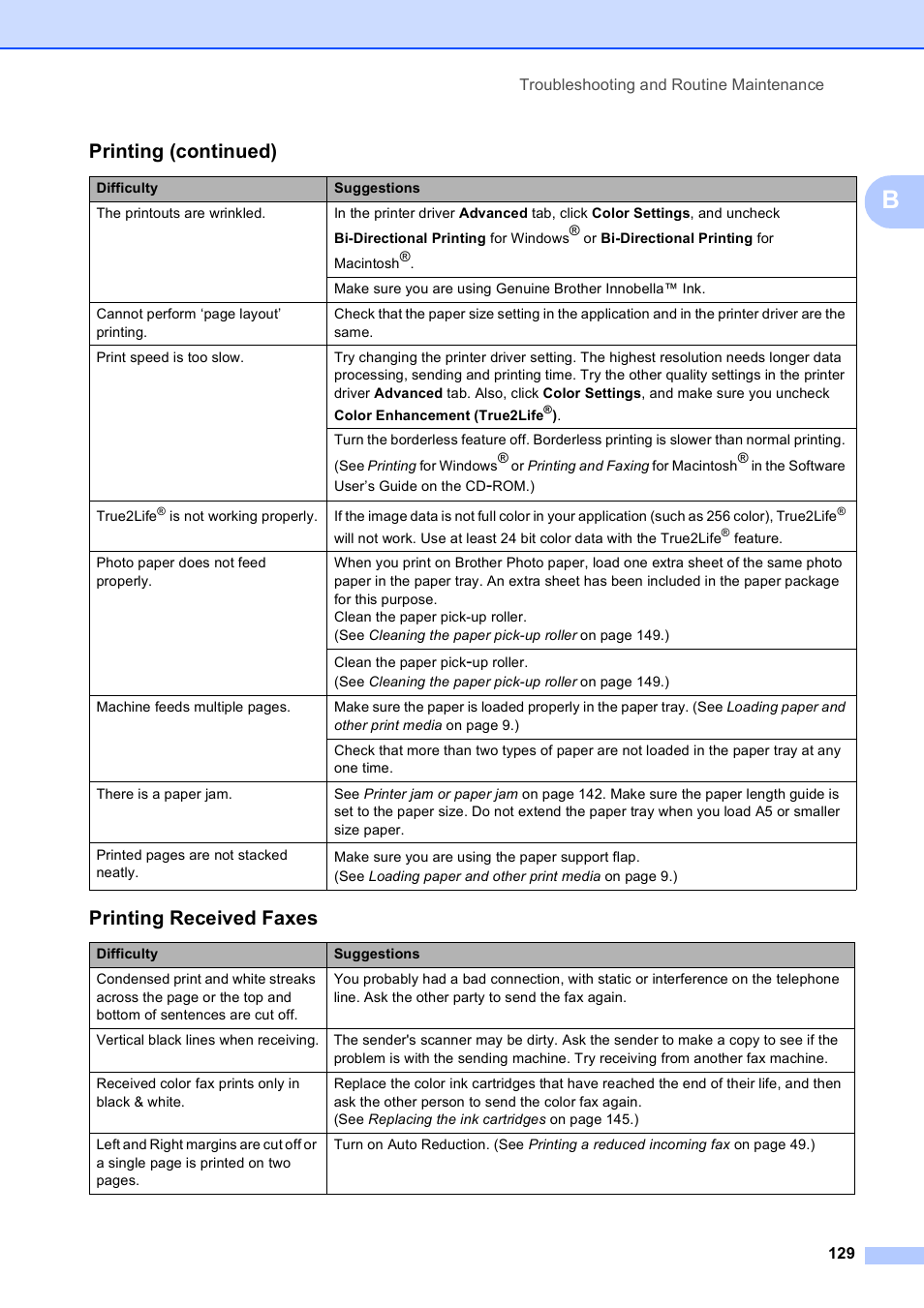 Printing received faxes, Printing (continued) | Brother MFC-490CW User Manual | Page 145 / 216