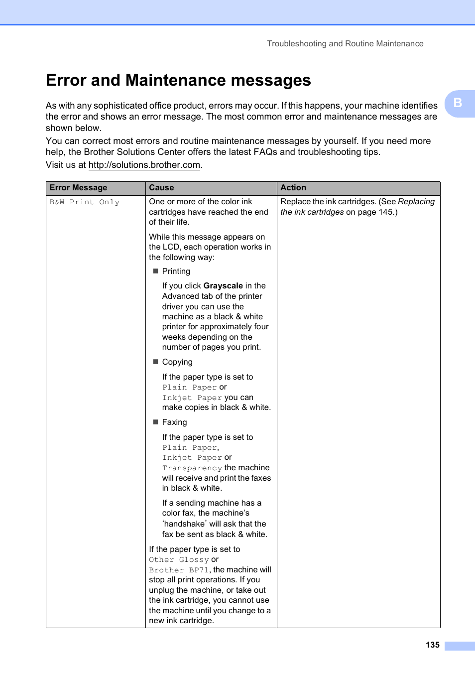 Error and maintenance messages | Brother MFC-490CW User Manual | Page 151 / 216