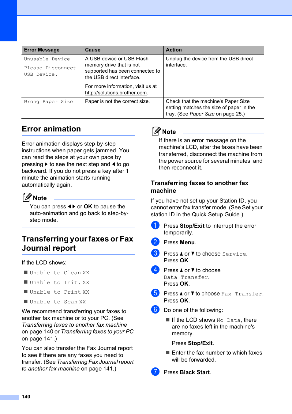 Error animation, Transferring your faxes or fax journal report, Transferring faxes to another fax machine | Brother MFC-490CW User Manual | Page 156 / 216