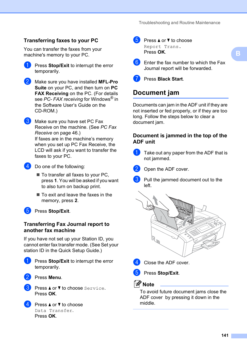 Transferring faxes to your pc, Document jam, Document is jammed in the top of the adf unit | Brother MFC-490CW User Manual | Page 157 / 216
