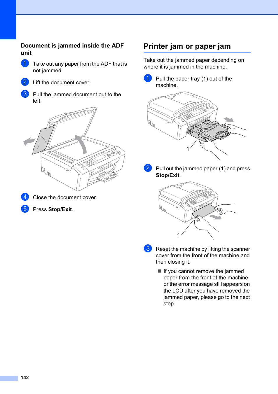 Document is jammed inside the adf unit, Printer jam or paper jam | Brother MFC-490CW User Manual | Page 158 / 216