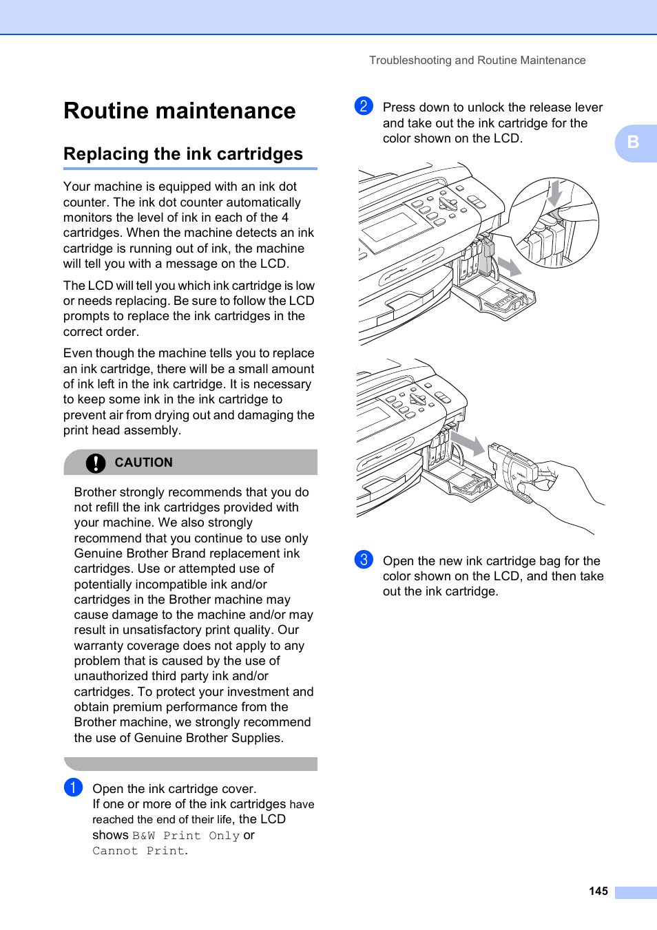 Routine maintenance, Replacing the ink cartridges | Brother MFC-490CW User Manual | Page 161 / 216