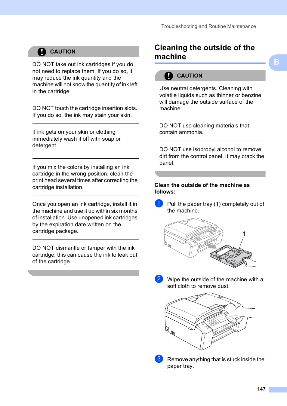 Cleaning the outside of the machine, Caution, Do not use cleaning materials that contain ammonia | Clean the outside of the machine as follows, Troubleshooting and routine maintenance 147 | Brother MFC-490CW User Manual | Page 163 / 216