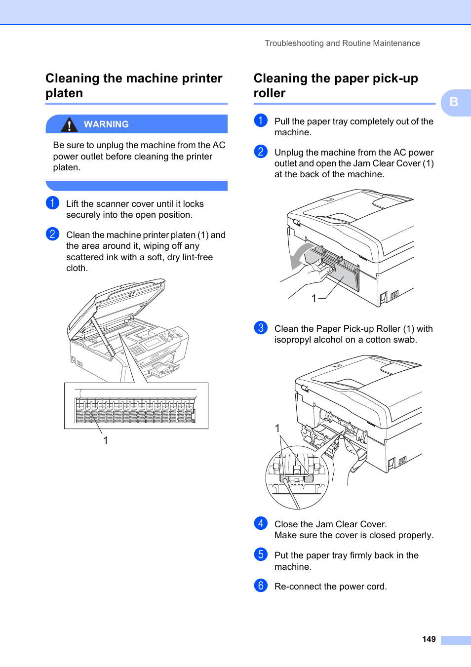 Cleaning the machine printer platen, Cleaning the paper pick-up roller, Bcleaning the machine printer platen | Brother MFC-490CW User Manual | Page 165 / 216