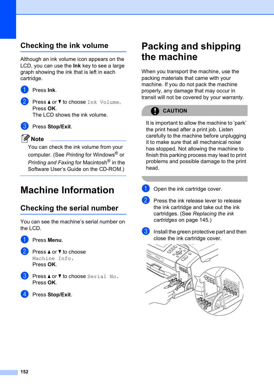 Checking the ink volume, Machine information, Checking the serial number | Packing and shipping the machine | Brother MFC-490CW User Manual | Page 168 / 216