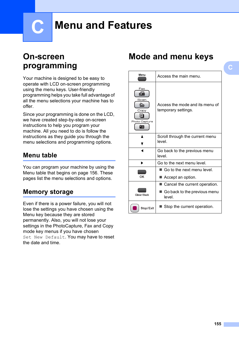C menu and features, On-screen programming, Menu table | Memory storage, Mode and menu keys, Menu and features, Menu table memory storage | Brother MFC-490CW User Manual | Page 171 / 216
