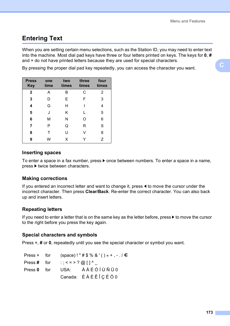 Entering text, Inserting spaces, Making corrections | Repeating letters, Special characters and symbols, Centering text | Brother MFC-490CW User Manual | Page 189 / 216