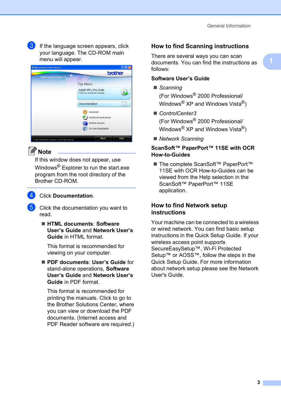 How to find scanning instructions, How to find network setup instructions | Brother MFC-490CW User Manual | Page 19 / 216
