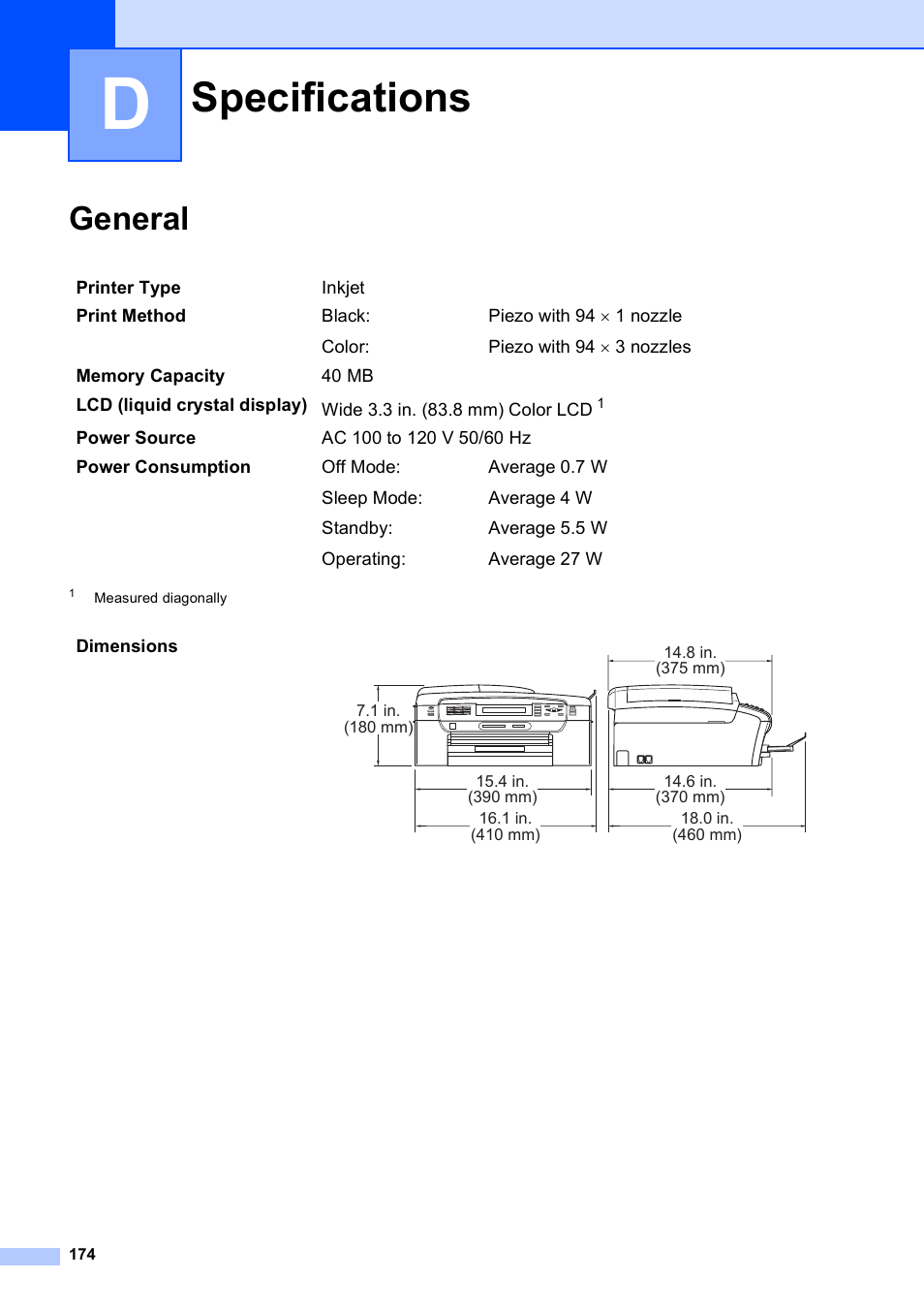 D specifications, General, Specifications | Brother MFC-490CW User Manual | Page 190 / 216