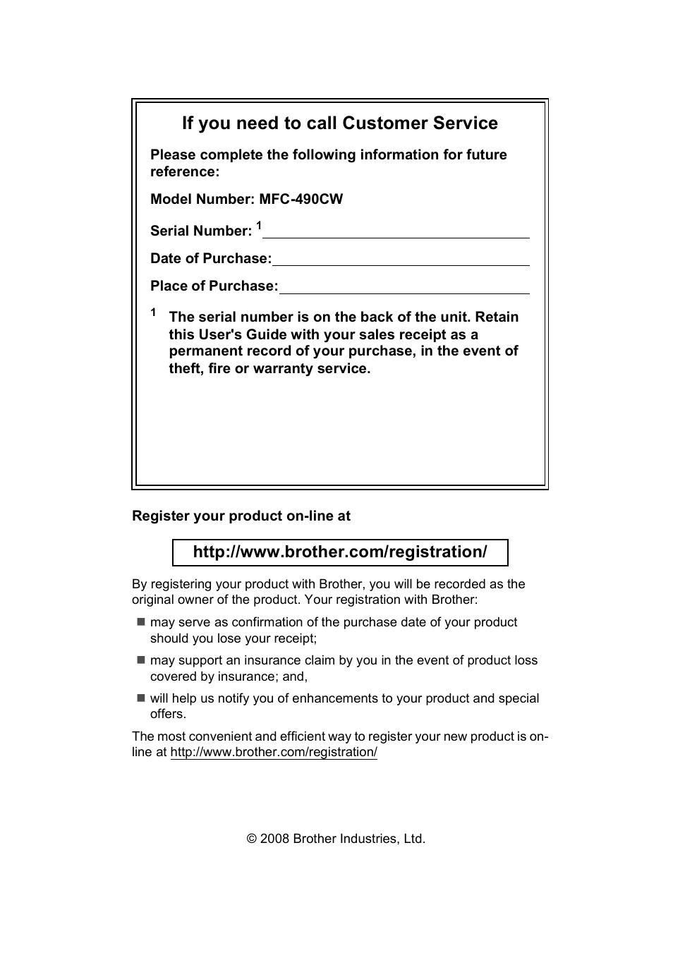 If you need to call customer service | Brother MFC-490CW User Manual | Page 2 / 216