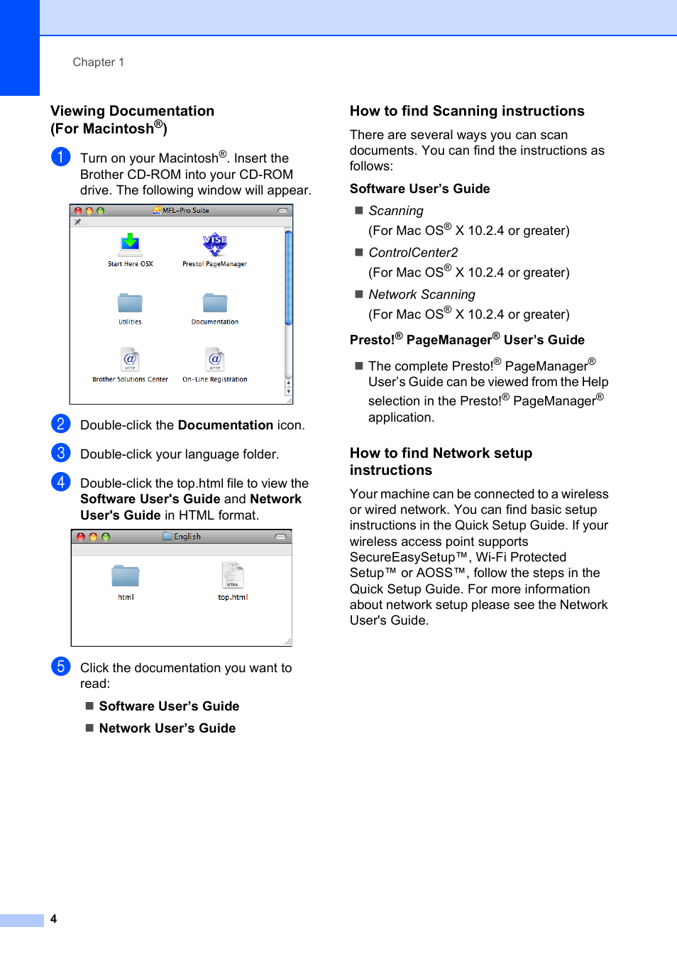 Viewing documentation (for macintosh®), How to find scanning instructions, How to find network setup instructions | Brother MFC-490CW User Manual | Page 20 / 216