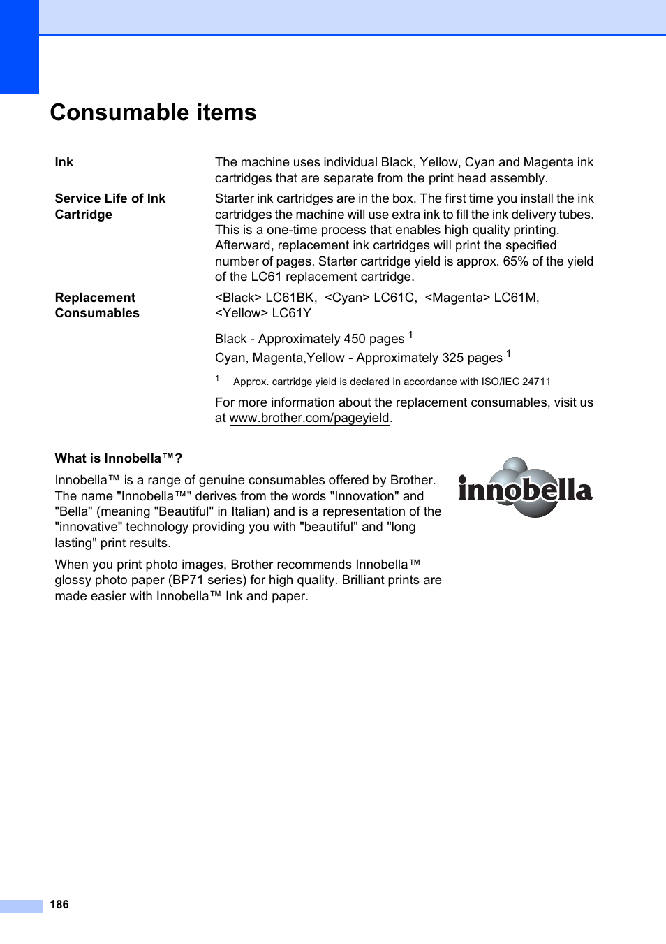 Consumable items | Brother MFC-490CW User Manual | Page 202 / 216